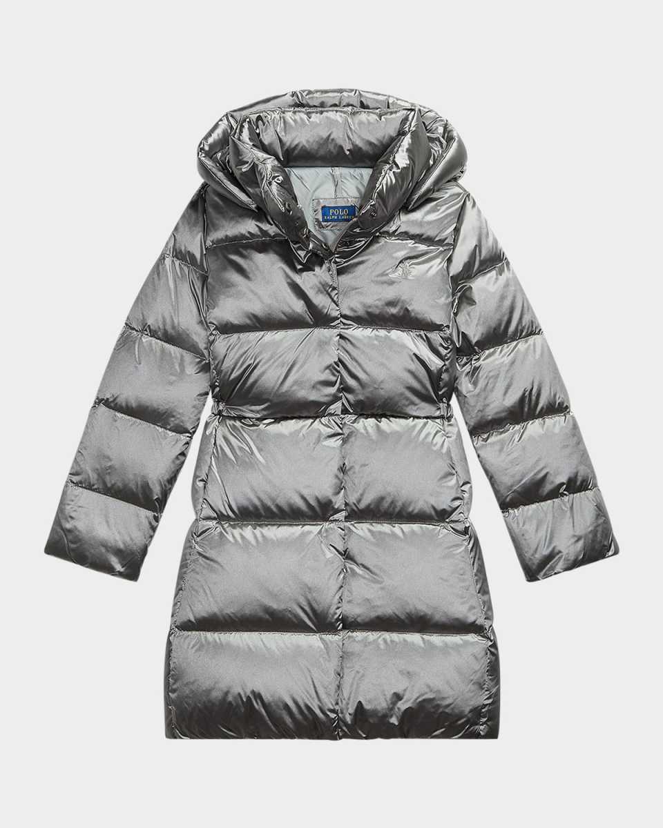 Girl's Celia Metallic Long Hooded Down Jacket, Size S-
